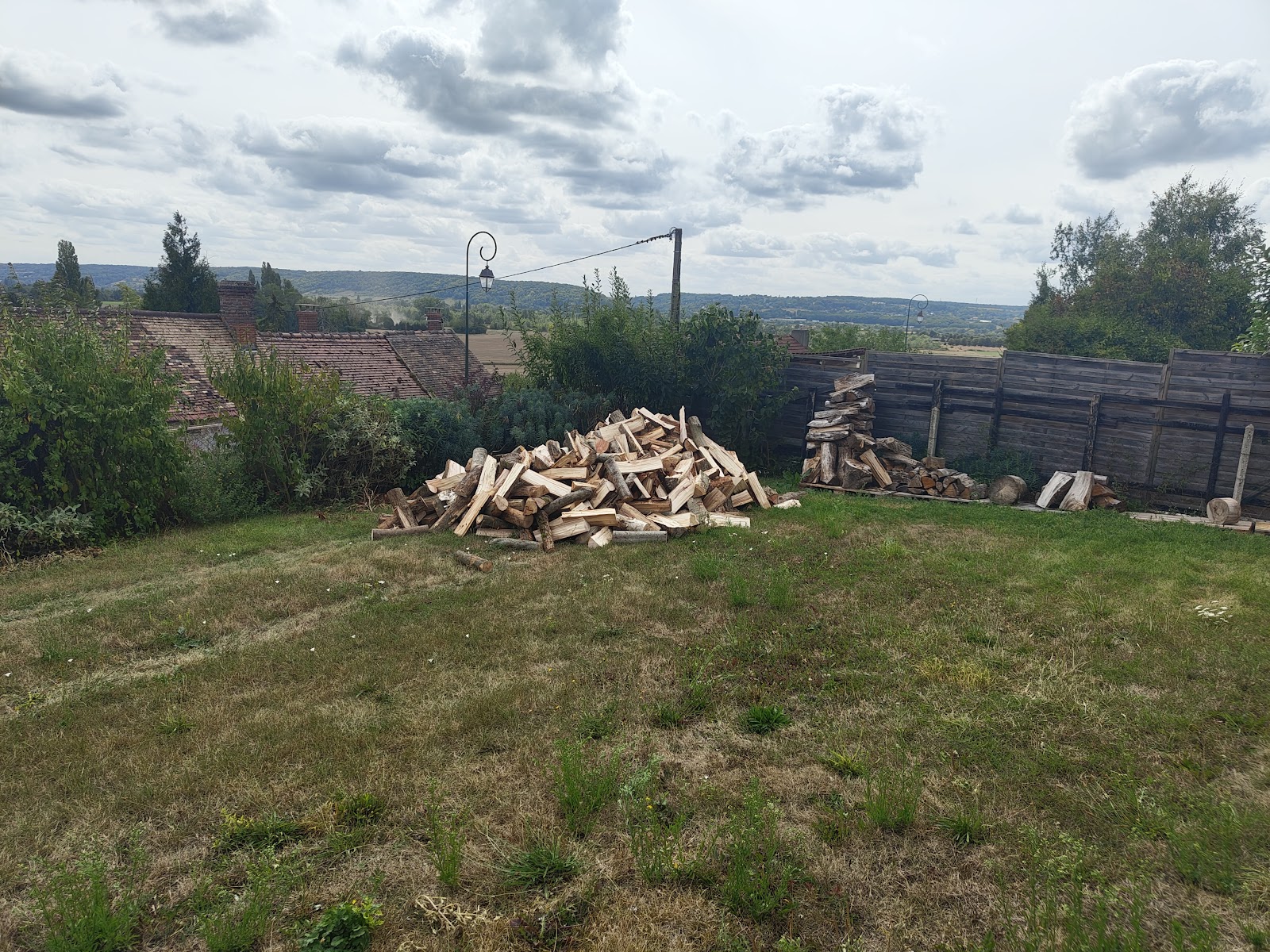 Livraison de bois de chauffage en vrac dans un jardin.